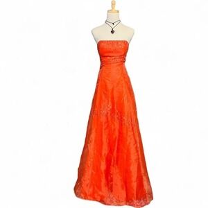 VTG Y2K Morgan & Co Prom Dress Orange Beaded Sequin Strapless Formal Gown